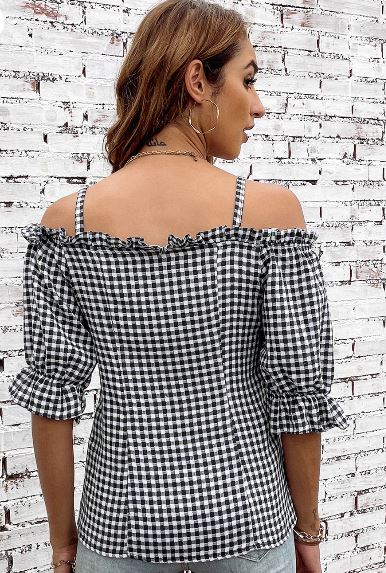 ADORA Sweetheart Gingham Button Down Off Shouler Blouse