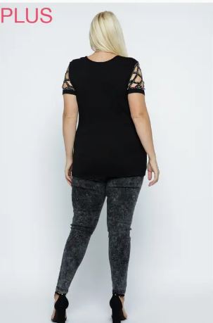 Vocal V-neck Short Sleeve Rayon Jersey Knit Top With Laser Cut Diamond Pattern