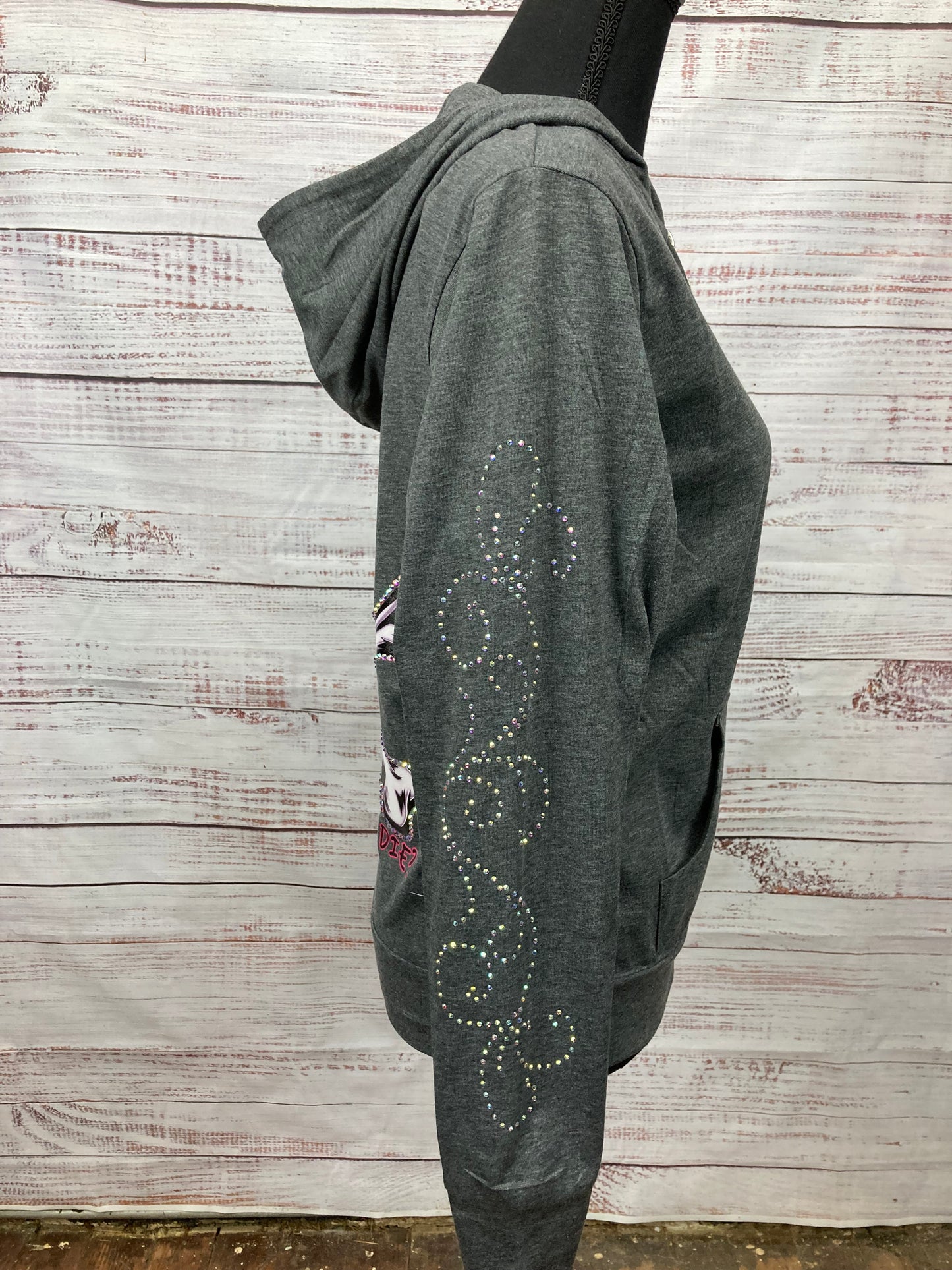 Light Weight Gray "But Did We Die" Hoodie With Rhinestone Embellishments