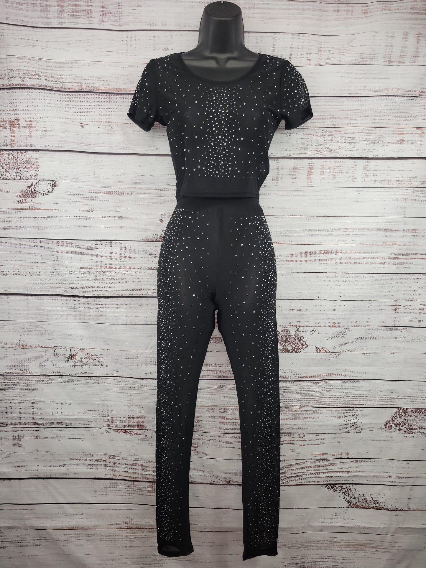 Black Sheer Rhinestone Short Sleeve Crop Top