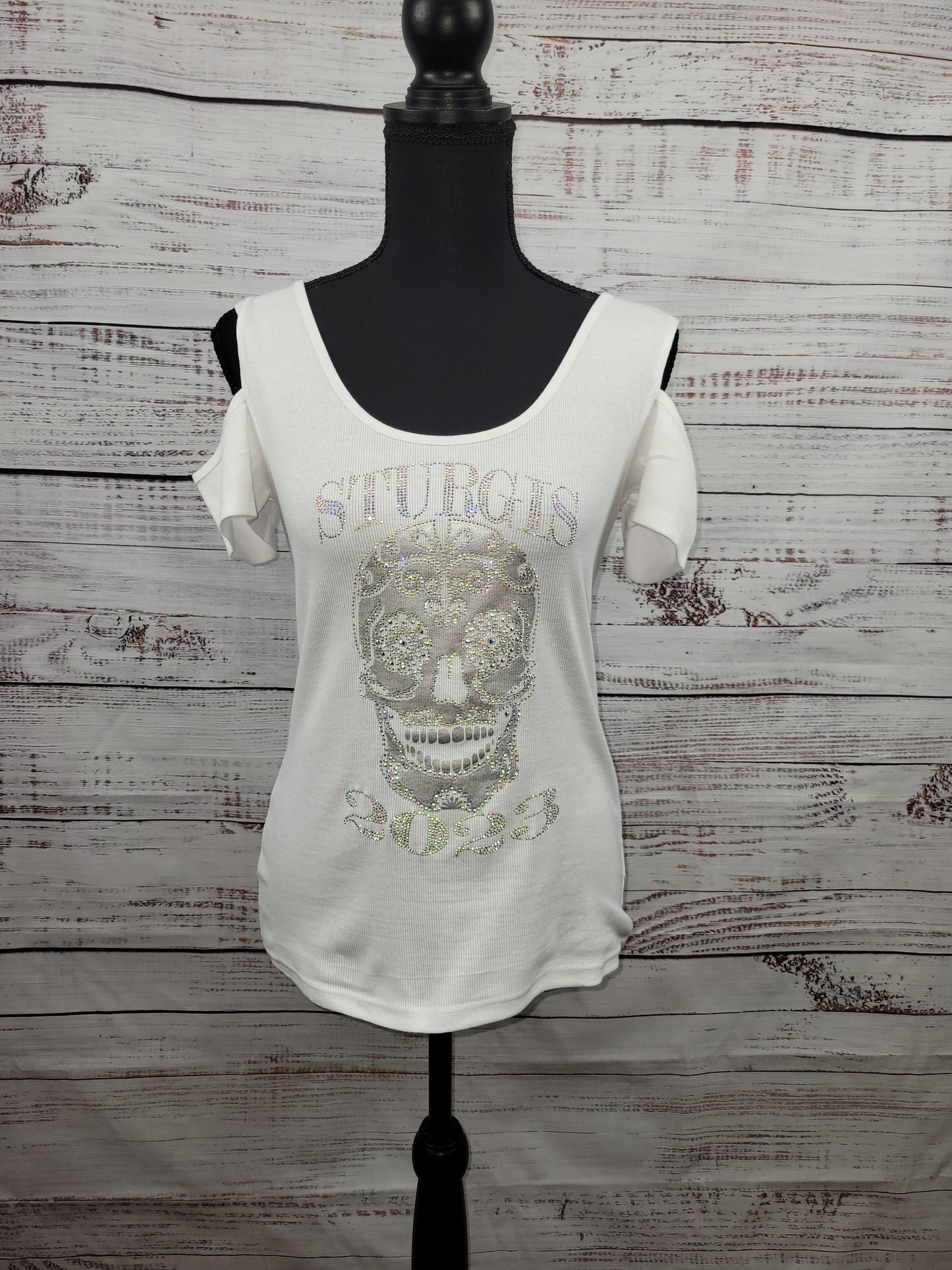 Sturgis 2023 Rhinestone Skull Cold Shoulder Shirt