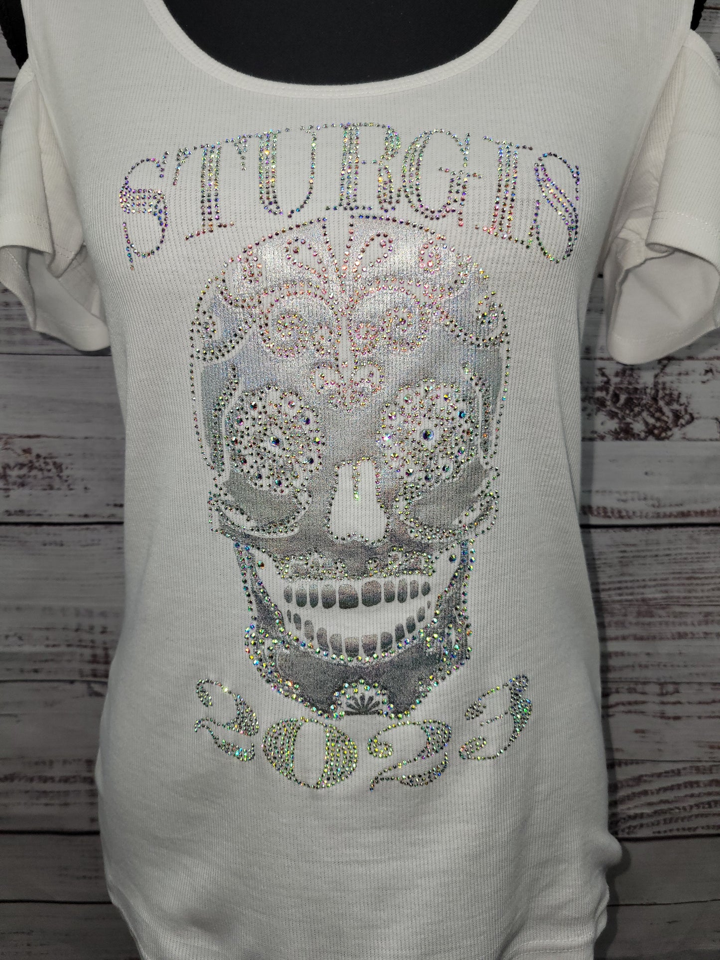 Sturgis 2023 Rhinestone Skull Cold Shoulder Shirt