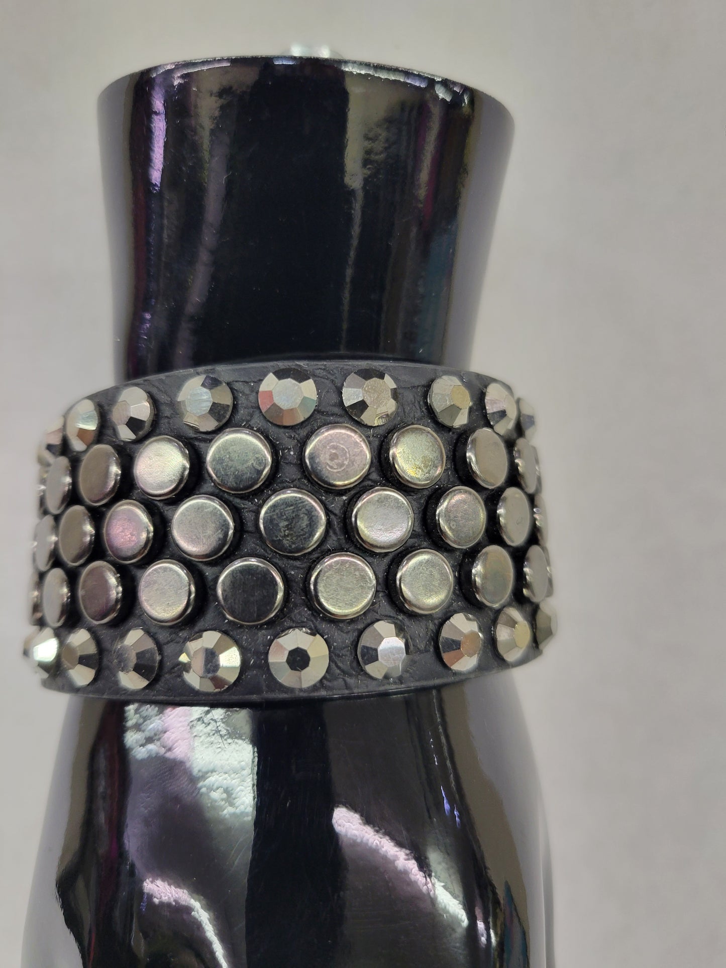 Black Leather Rhinestone& Stud Cuff Bracelet