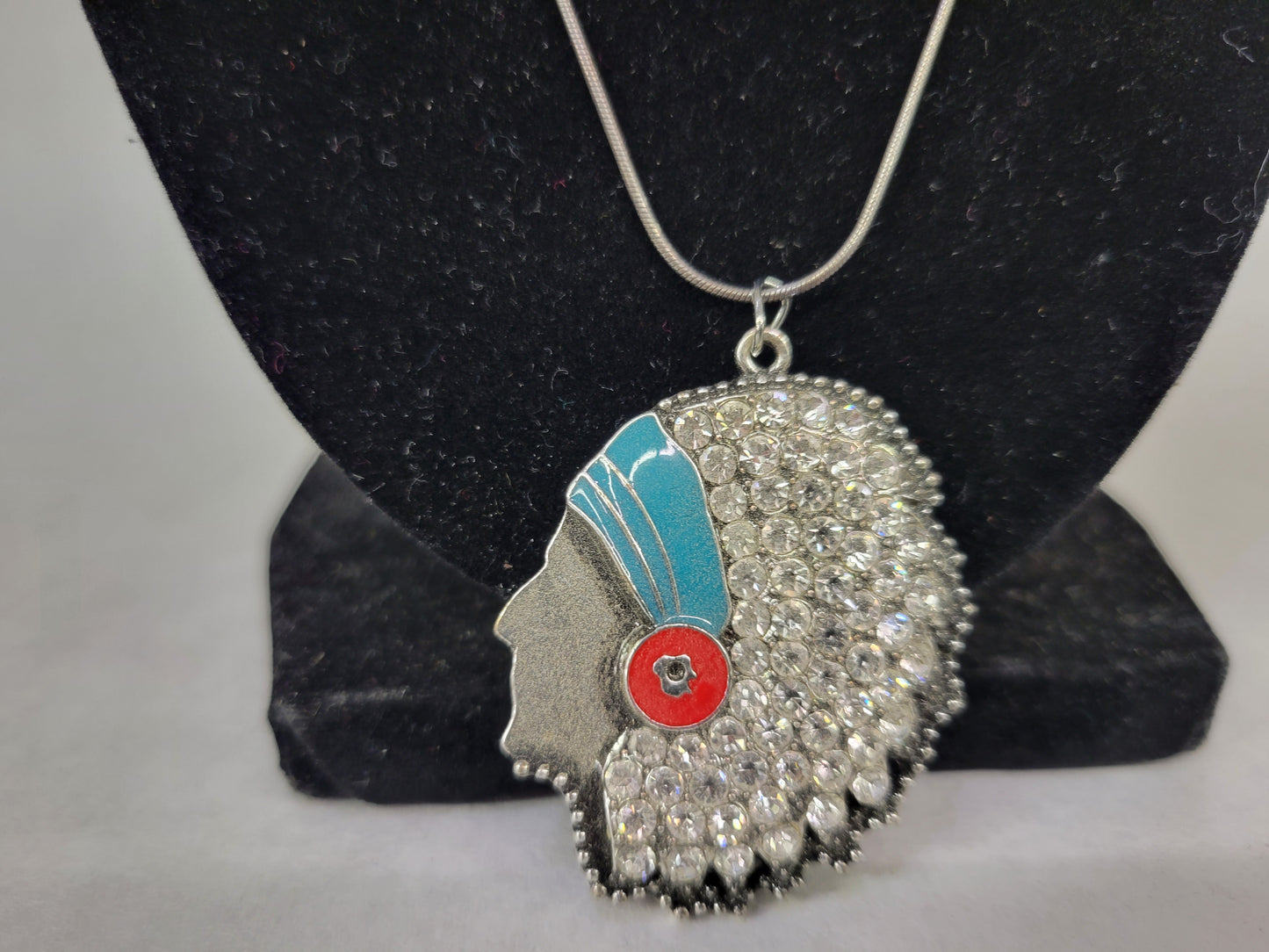 Silver Indian Head Embellished with Rhinestones Necklace