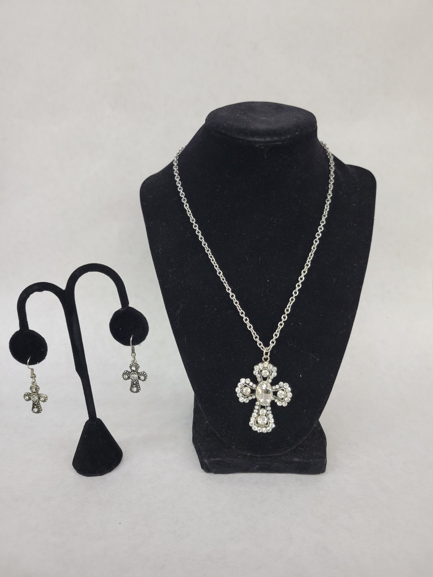 Silver Rhinestone Cross with Matching Earrings