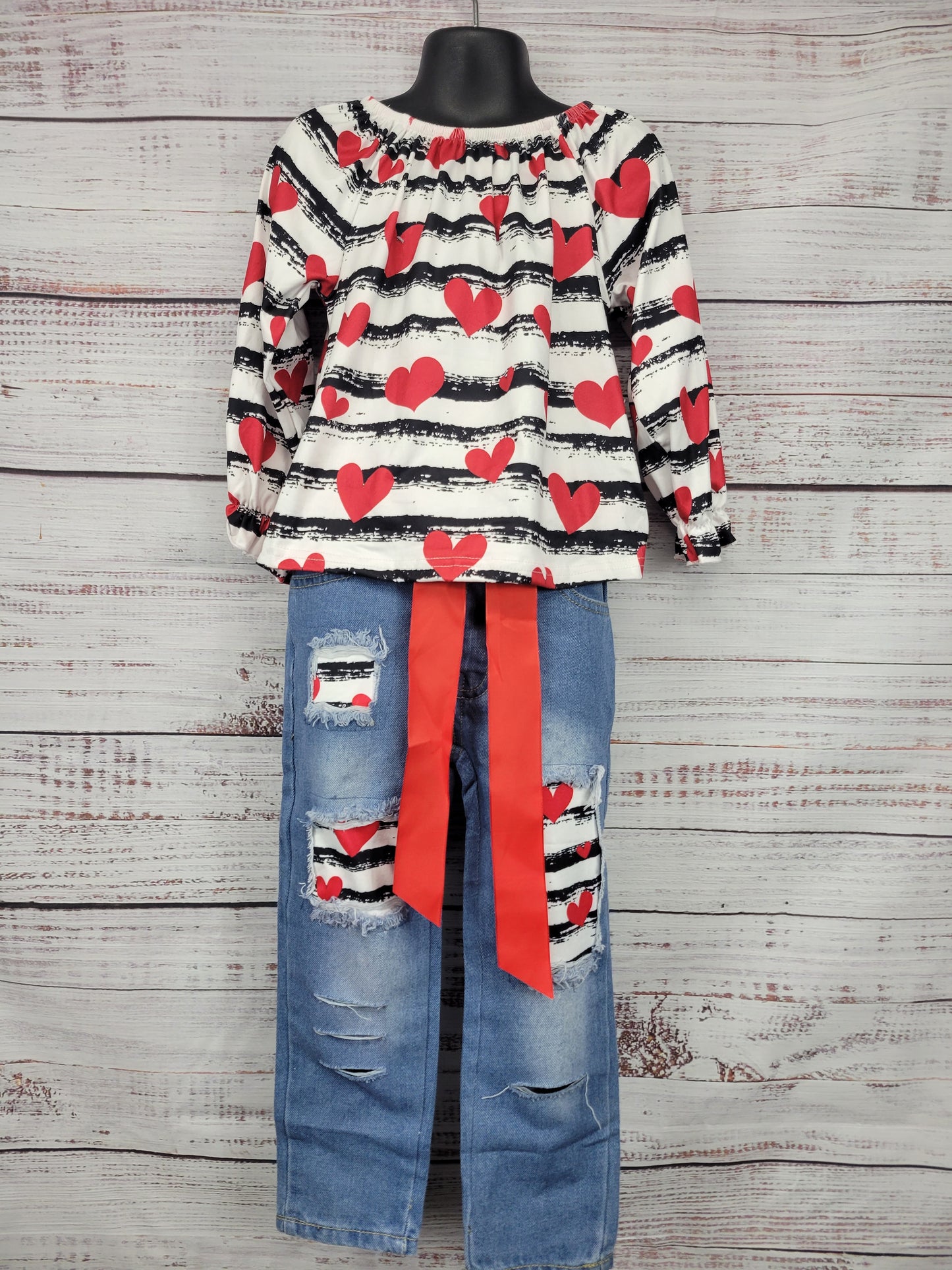 Girls Long Sleeve Heart Striped Top With Matching Jeans Set