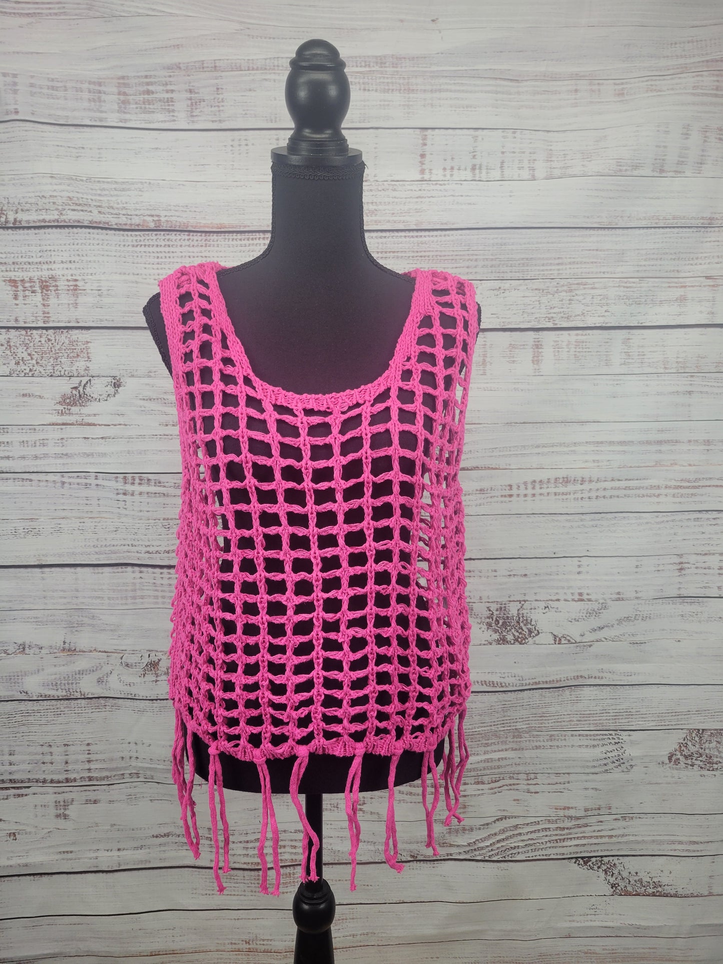 ADORA Fishnet Crochet Tank Top With Fringe Hem