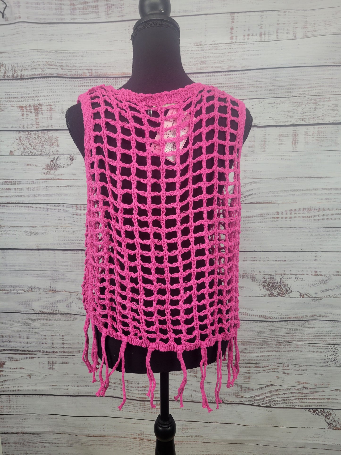 ADORA Fishnet Crochet Tank Top With Fringe Hem