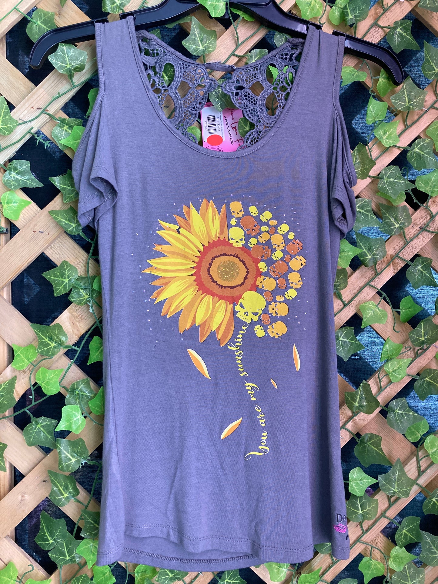 Gray Cold Shoulder 'You Are My Sunshine' Skull Sunflower