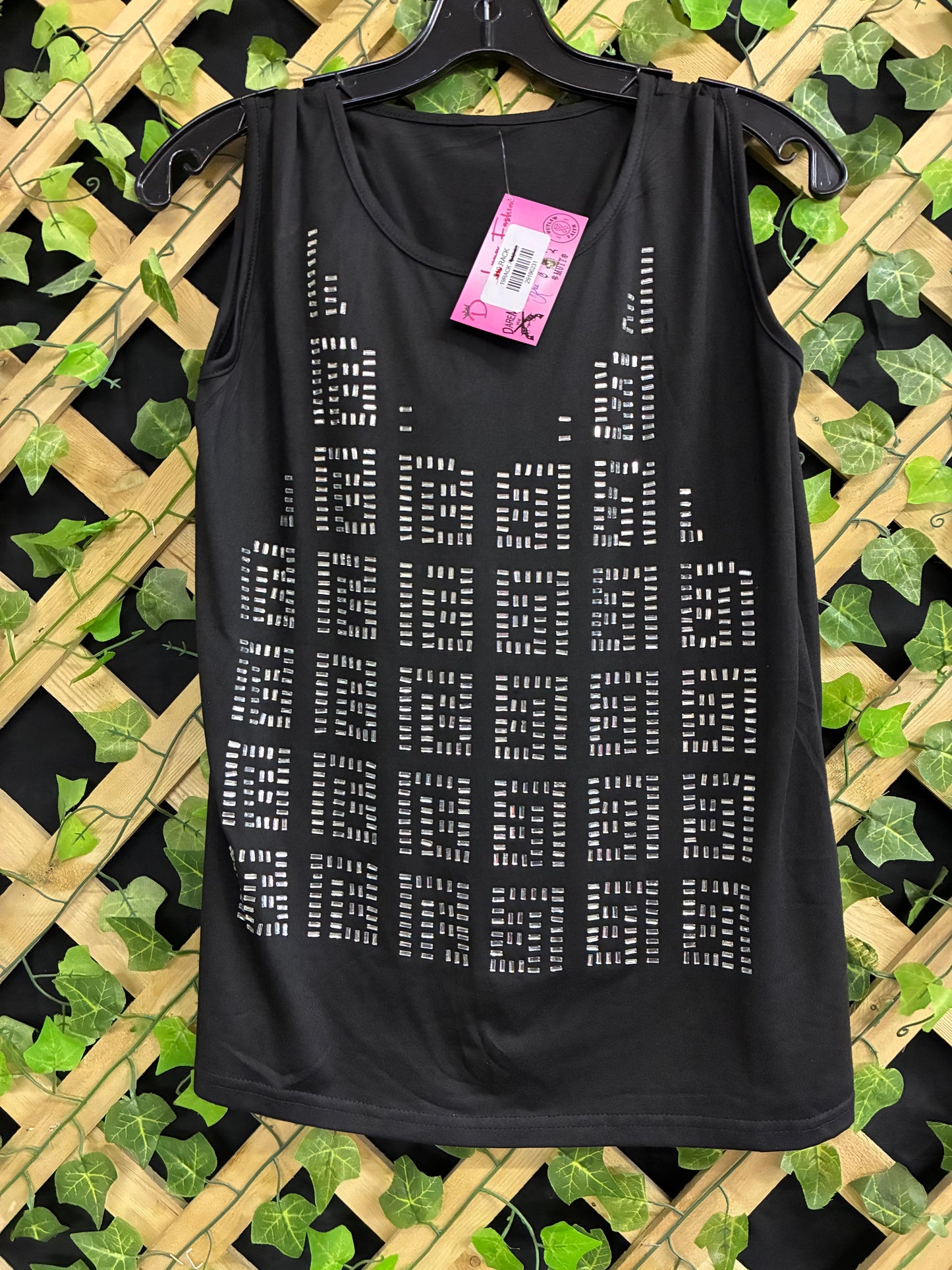 Black Tank Top with Silver Gems in a Geometric Pattern