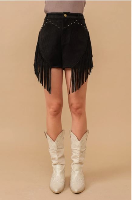 Blue B Suede Chevron Stud Slanted Fringe Western Shorts