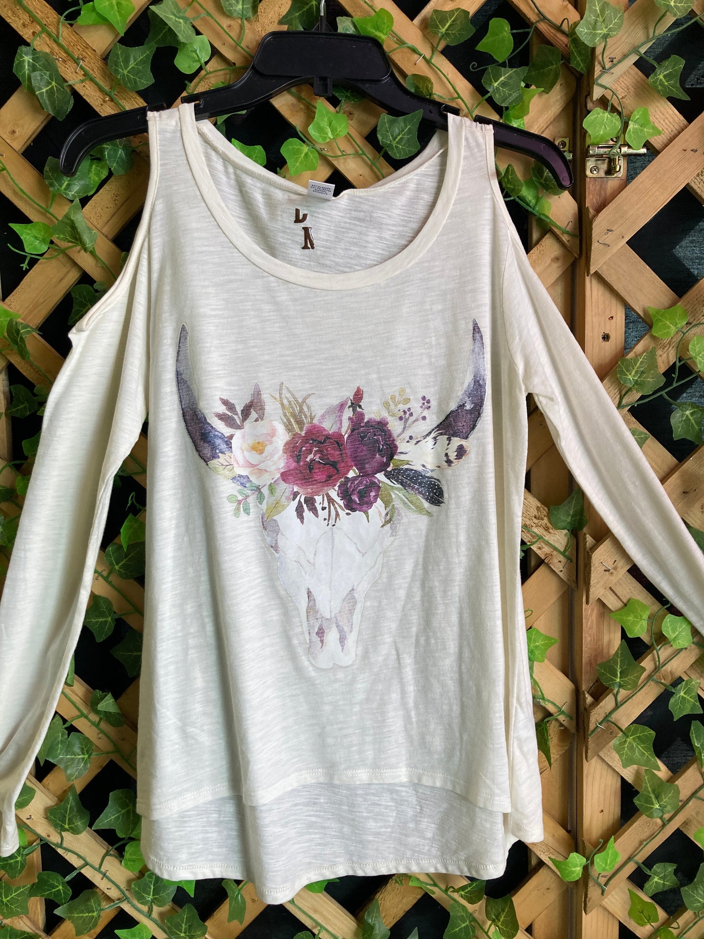 Dare Me Wear Floral Long Horn Crown Cold Shoulder Top