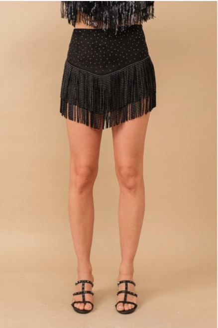 Blue B Faux Suede Studded Handkerchief Hem Tiered Fringe Shorts