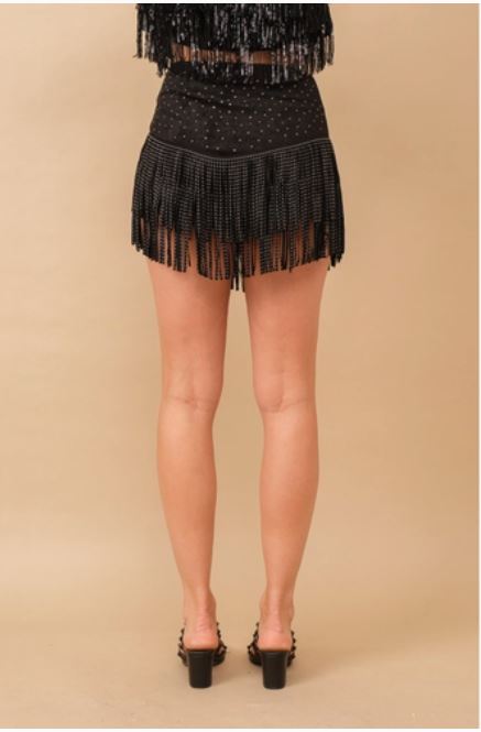 Blue B Faux Suede Studded Handkerchief Hem Tiered Fringe Shorts