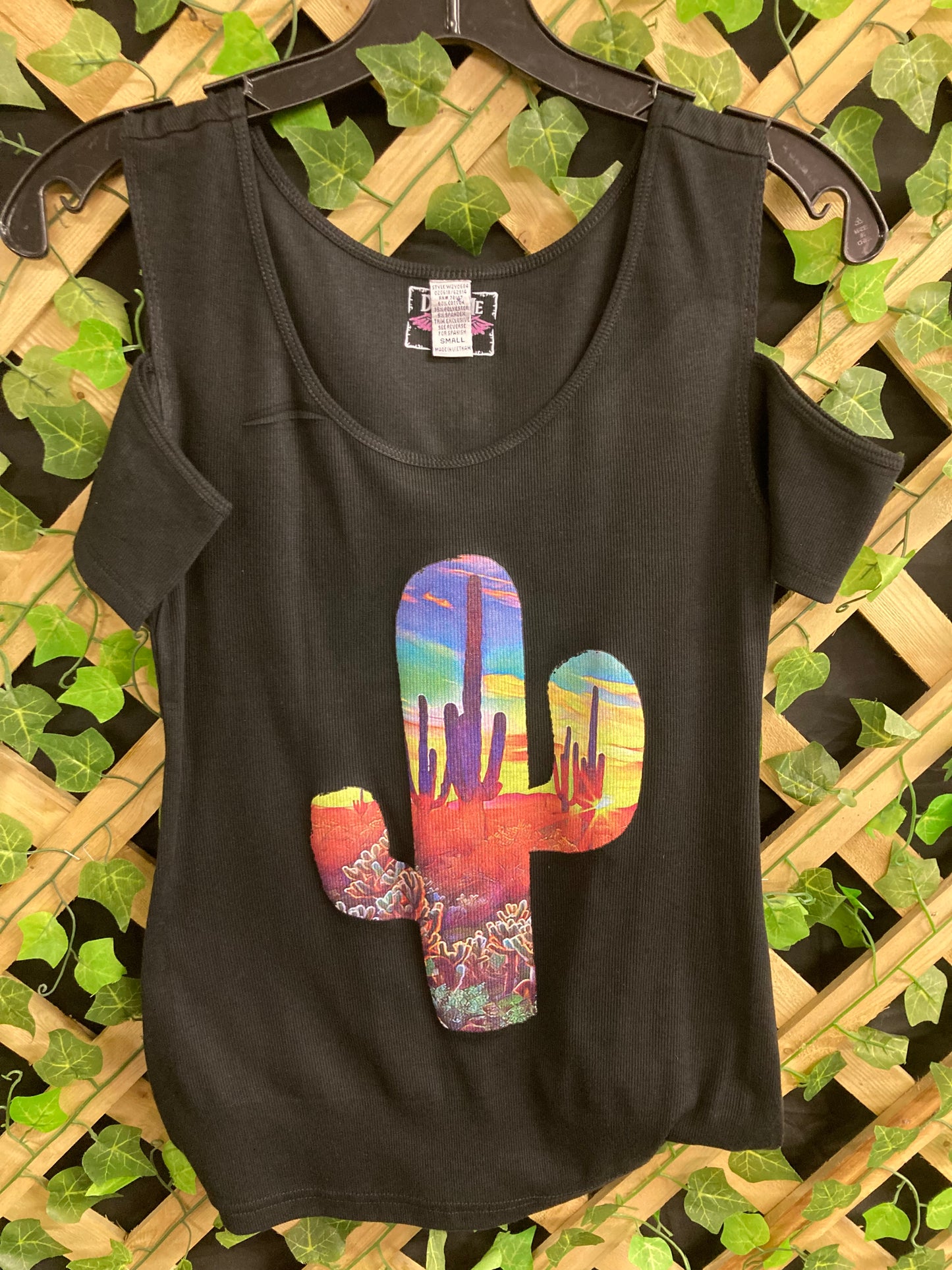Black Cold Shoulder Shirt with Cactus