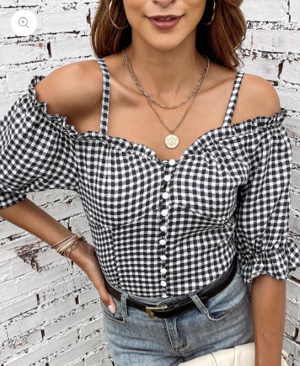 ADORA Sweetheart Gingham Button Down Off Shouler Blouse