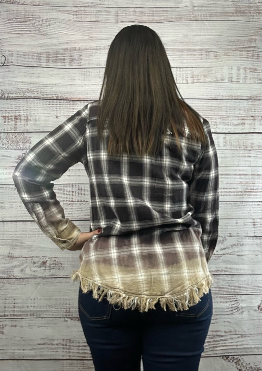 Black and White Ombre Plaid Flannel Long Sleeve with Fringe Hem