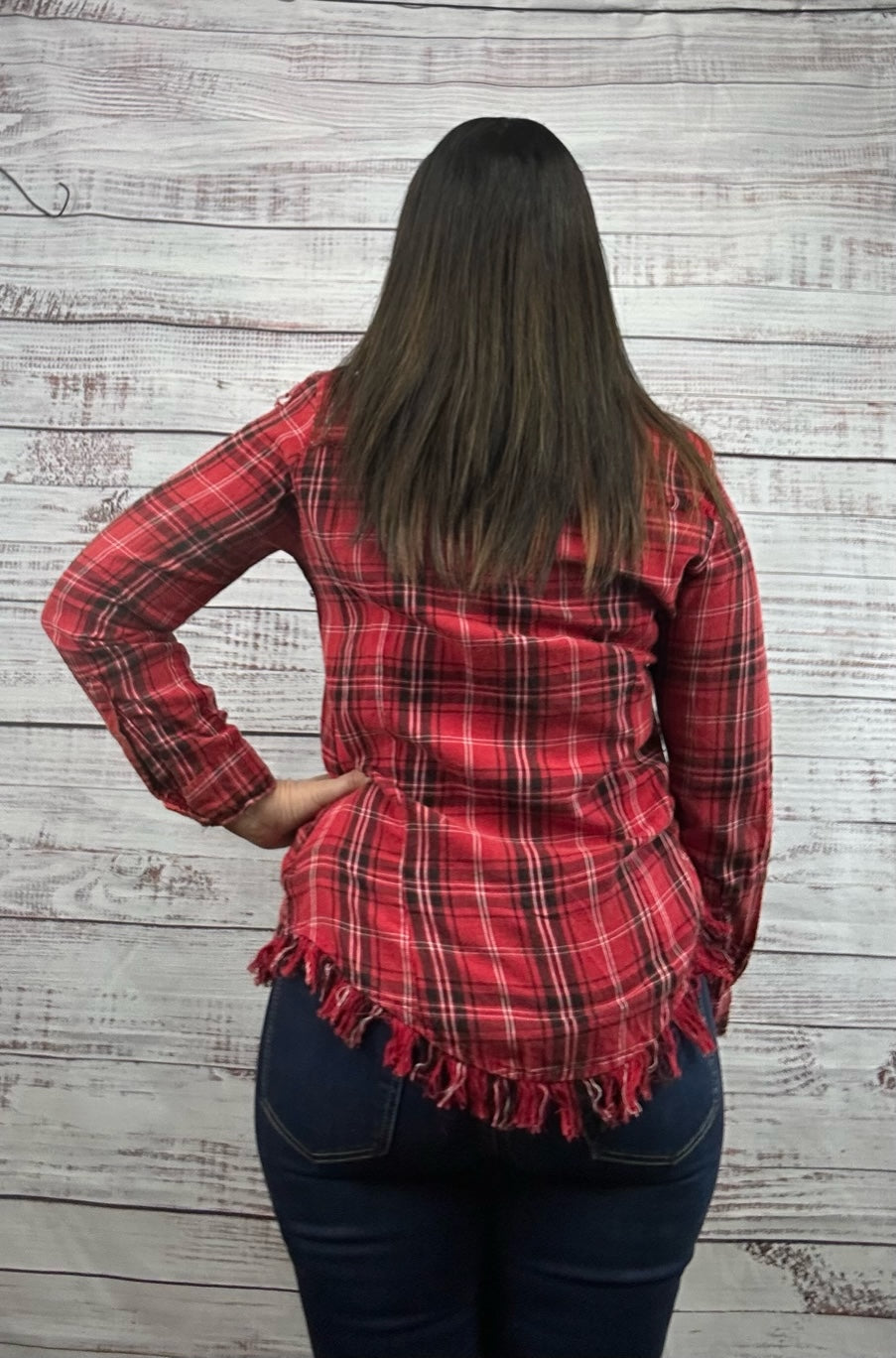 Red and Black Plaid Flannel Shirt with Fringe Hem