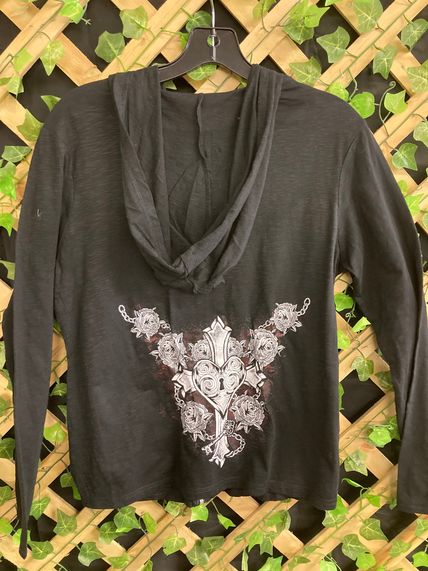 Black Zip Up Jacket with Cross and Roses