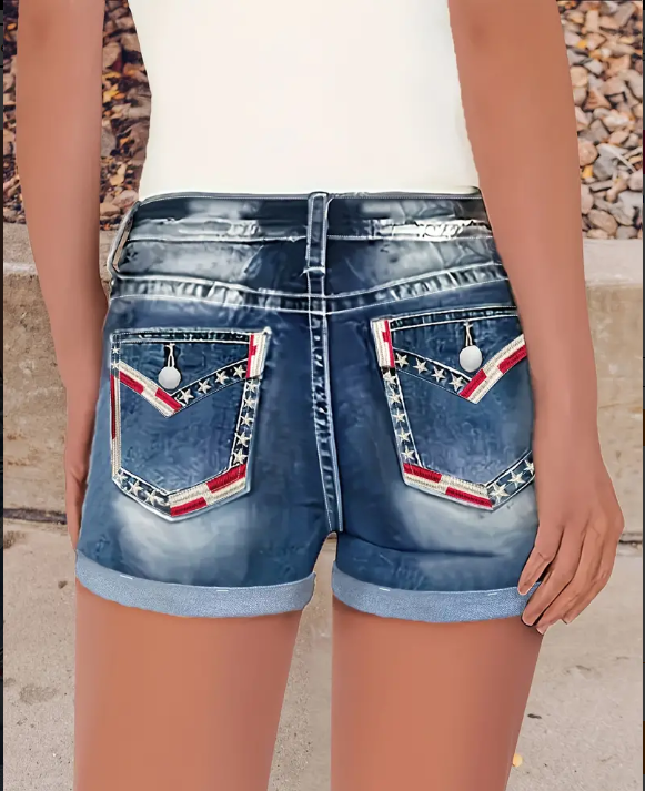 Chic Embroidered Flag Denim Shorts