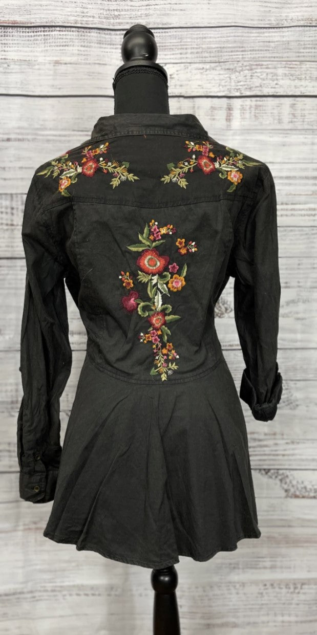 Distressed Floral Button Front Shirt