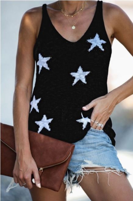 Star Print Knit Racerback V Neck Tank Top