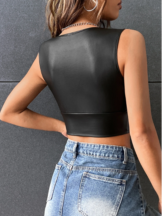 Surplice Neck Crop PU Tank Top