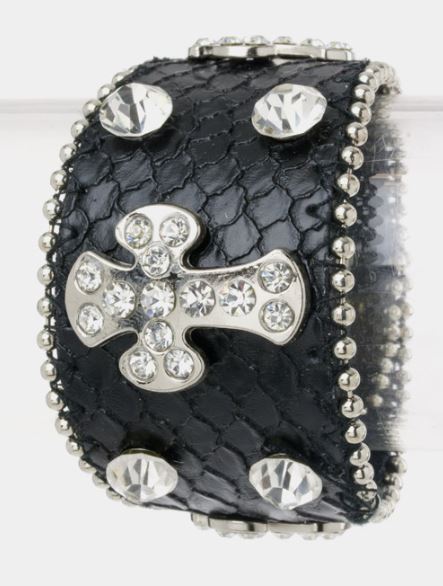 Big Crystal Cross Rhinestone Leather Bracelet
