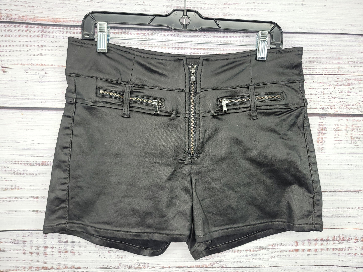 Double Front Zipper Leather Look Shorts