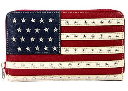 American Flag Organizer Zipper Wallet With Wristlet by Montana West With USB Charging Bank