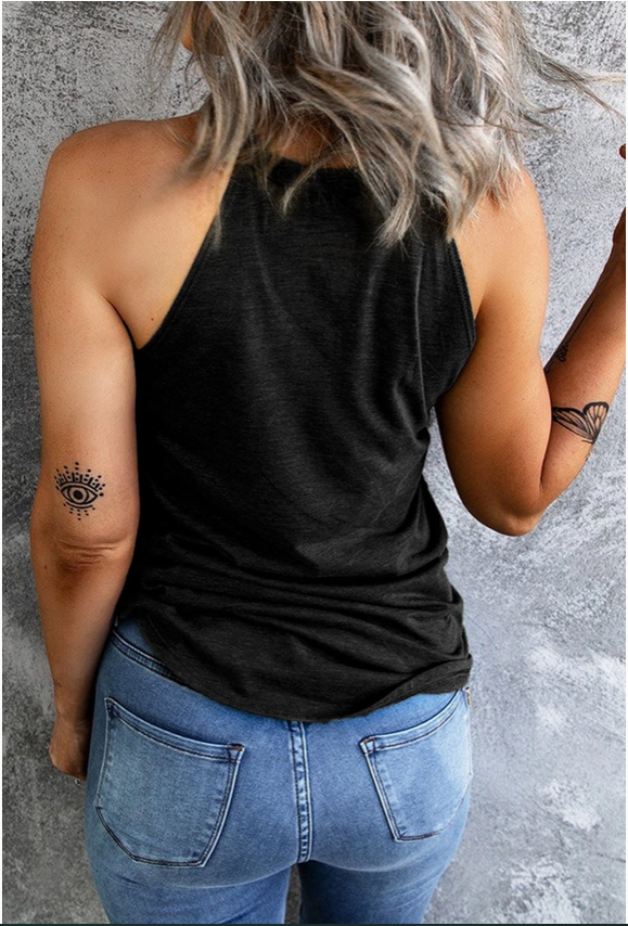 Black Rhinestone American Flag Printed O-Neck Graphic Tank Top