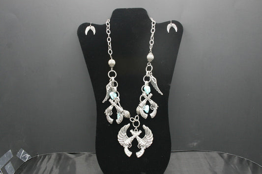 Pistol and Wing Necklace and Earring Set