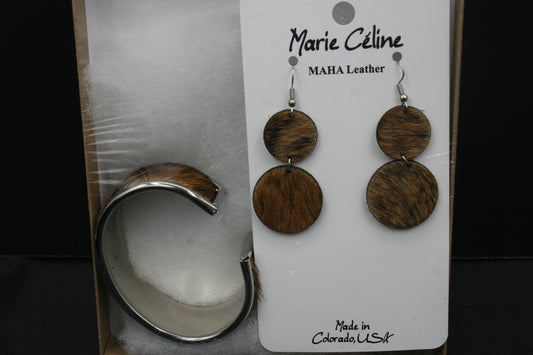 Brown Leather Earring and Bracelet Set
