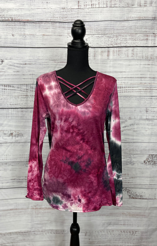 Pink and Black Criss Cross V-Neck With Rhinestone Motorcycle/Eagle