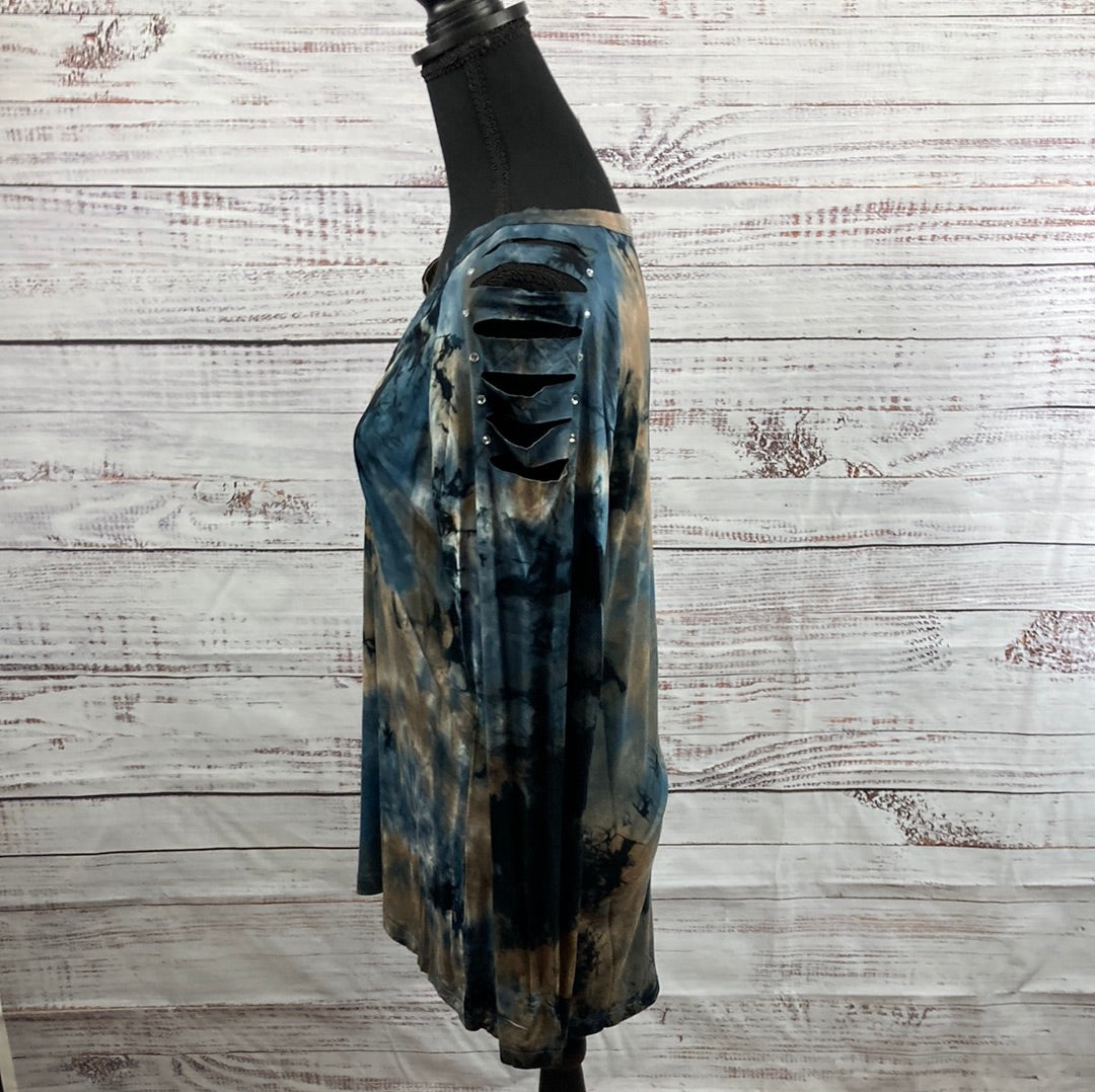 Vocal Laser Cut Long Sleeve Tie Dye Top with Rhinestones