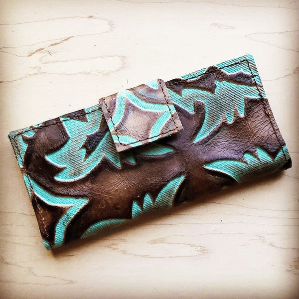 Embossed Leather Wallet Turquoise Laredo w/ Snap