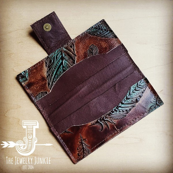 Turquoise Feather Embossed Leather Wallet with Snap