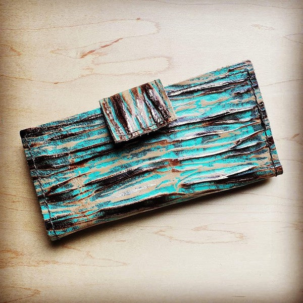 Embossed Leather Wallet-Turquoise Chateau with Snap