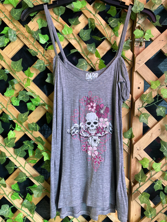 Dare Me Wear Pink Floral Skull Poker Cold Shoulder Top
