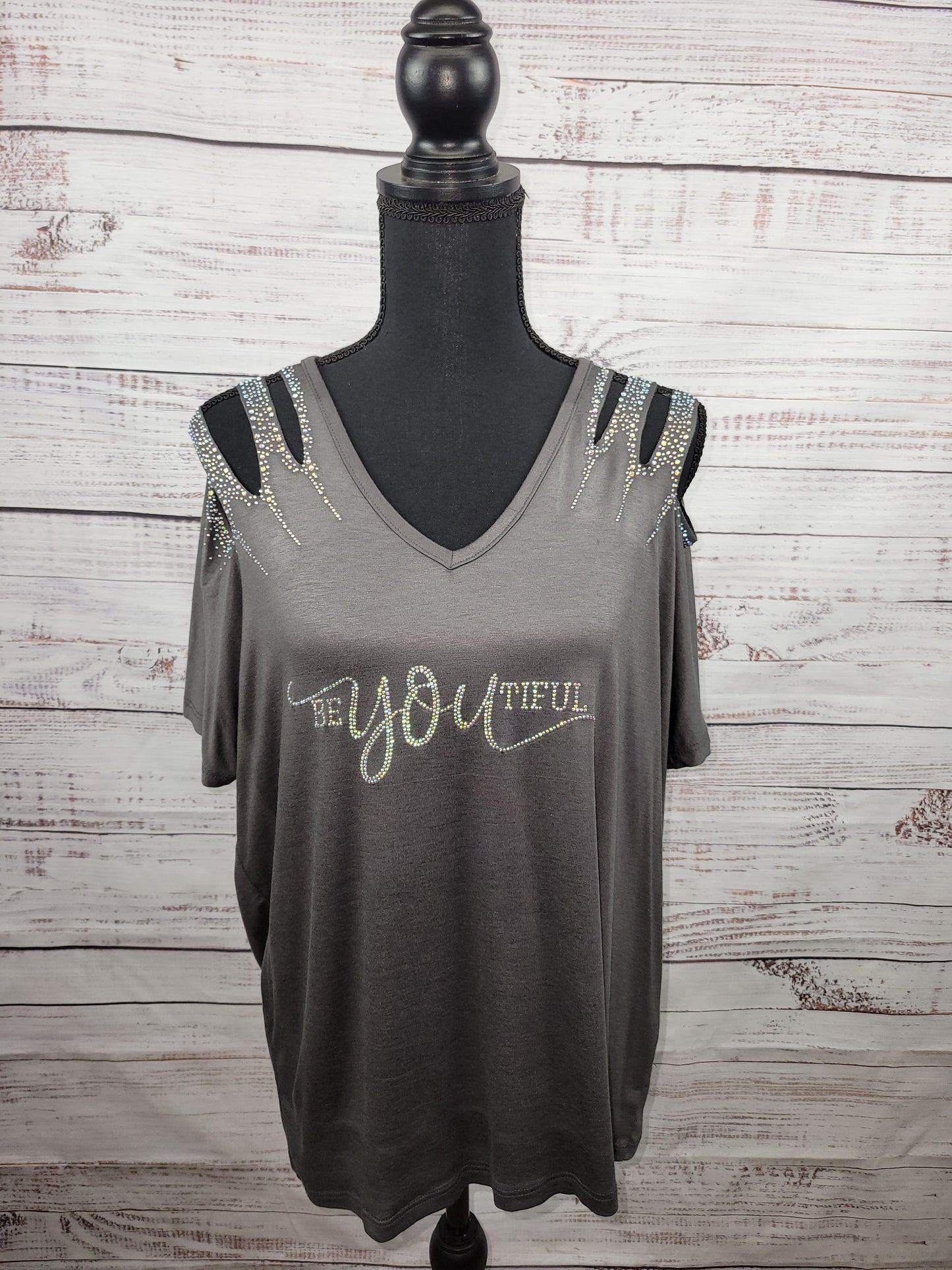Rhinestone BeYOUtiful Short Sleeve Top With Laser Cut and Stone Detail on Shoulders