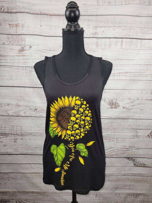 Laser Cut Tank Top With Lace Insert 'You Are My Sunshine' Skull Sunflower
