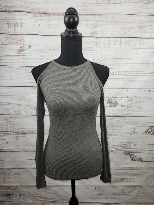 Dark Heather Gray Cold Shoulder Long Sleeve Ribbed Top