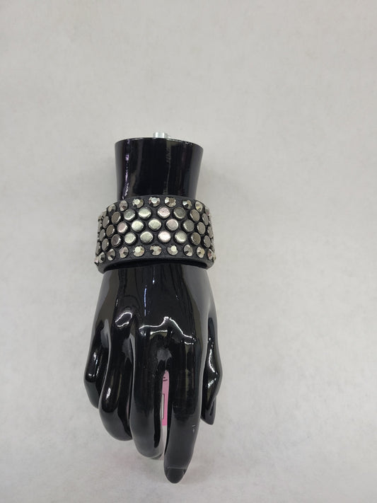 Black Leather Rhinestone& Stud Cuff Bracelet