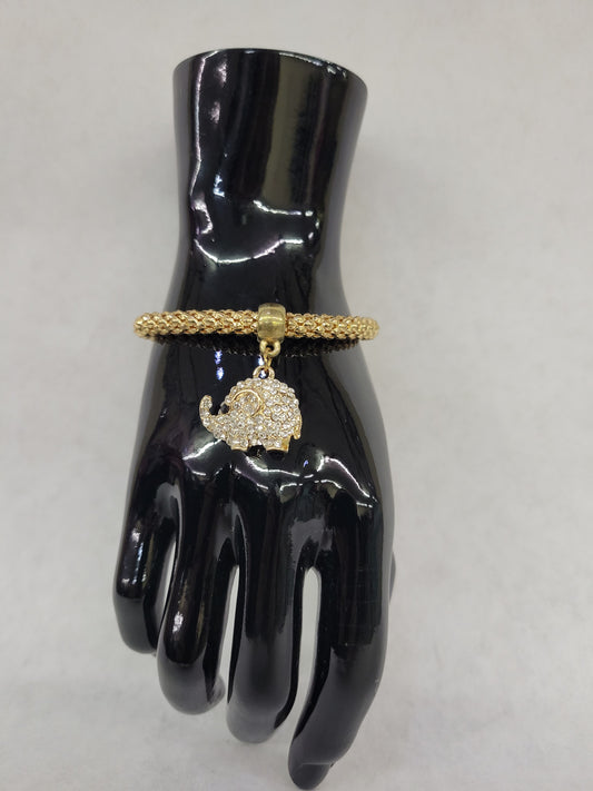 Brass Stretch Bracelet With Rhinestone Elephant Charm