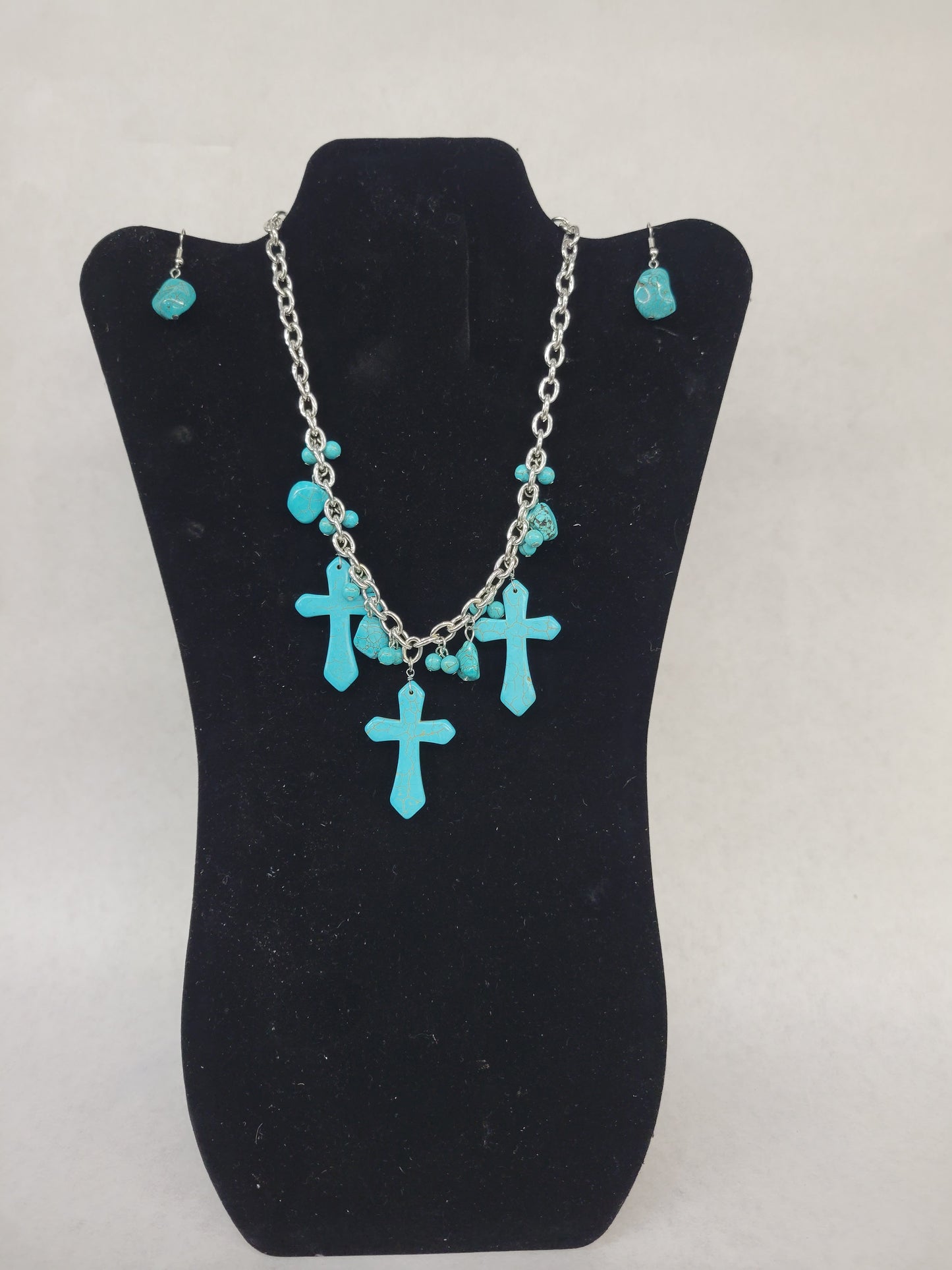 Turquoise Stone/Cross Necklace and Earring Set