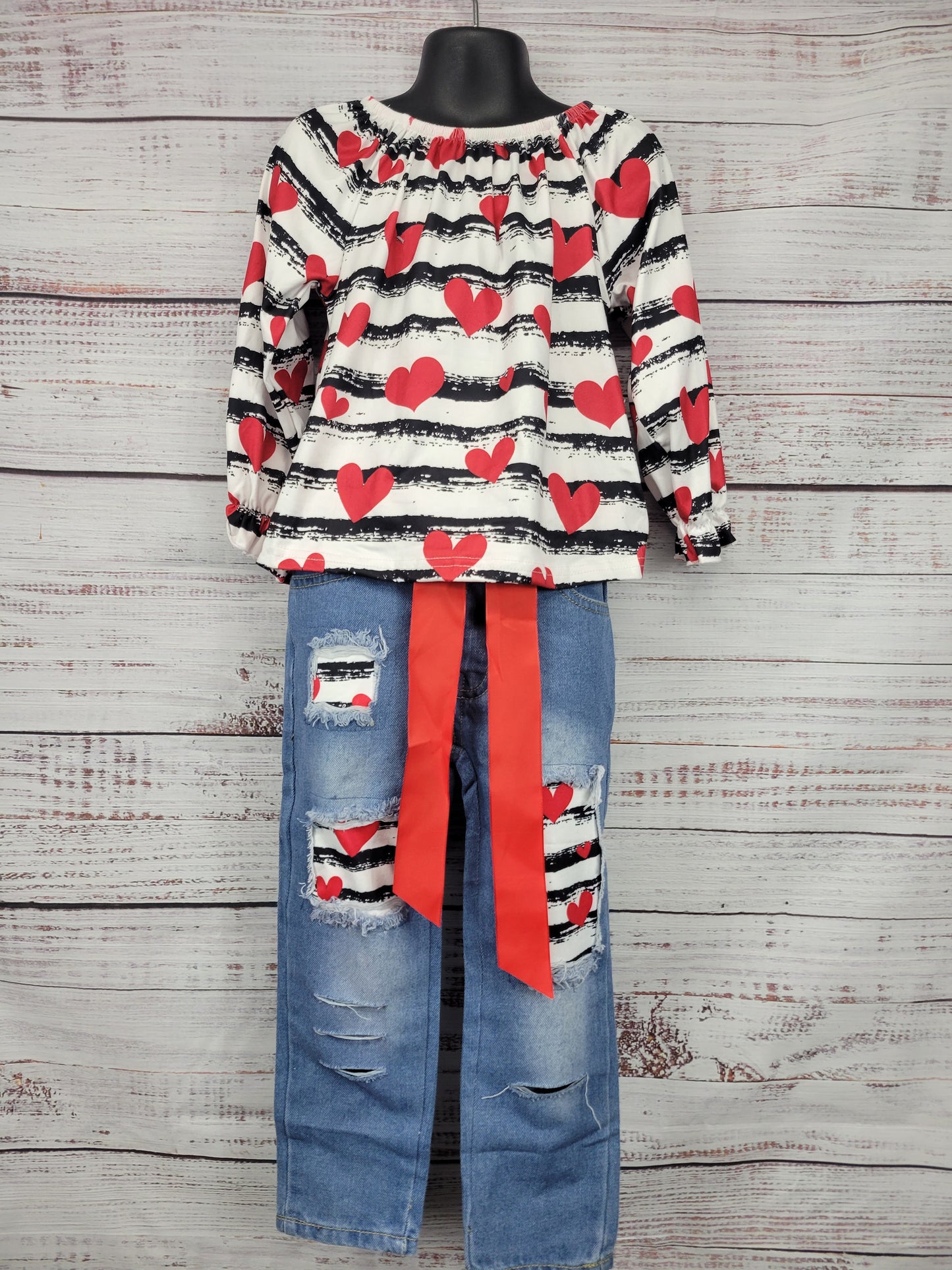 Children's Long Sleeve Heart Striped Top With Matching Jeans Set