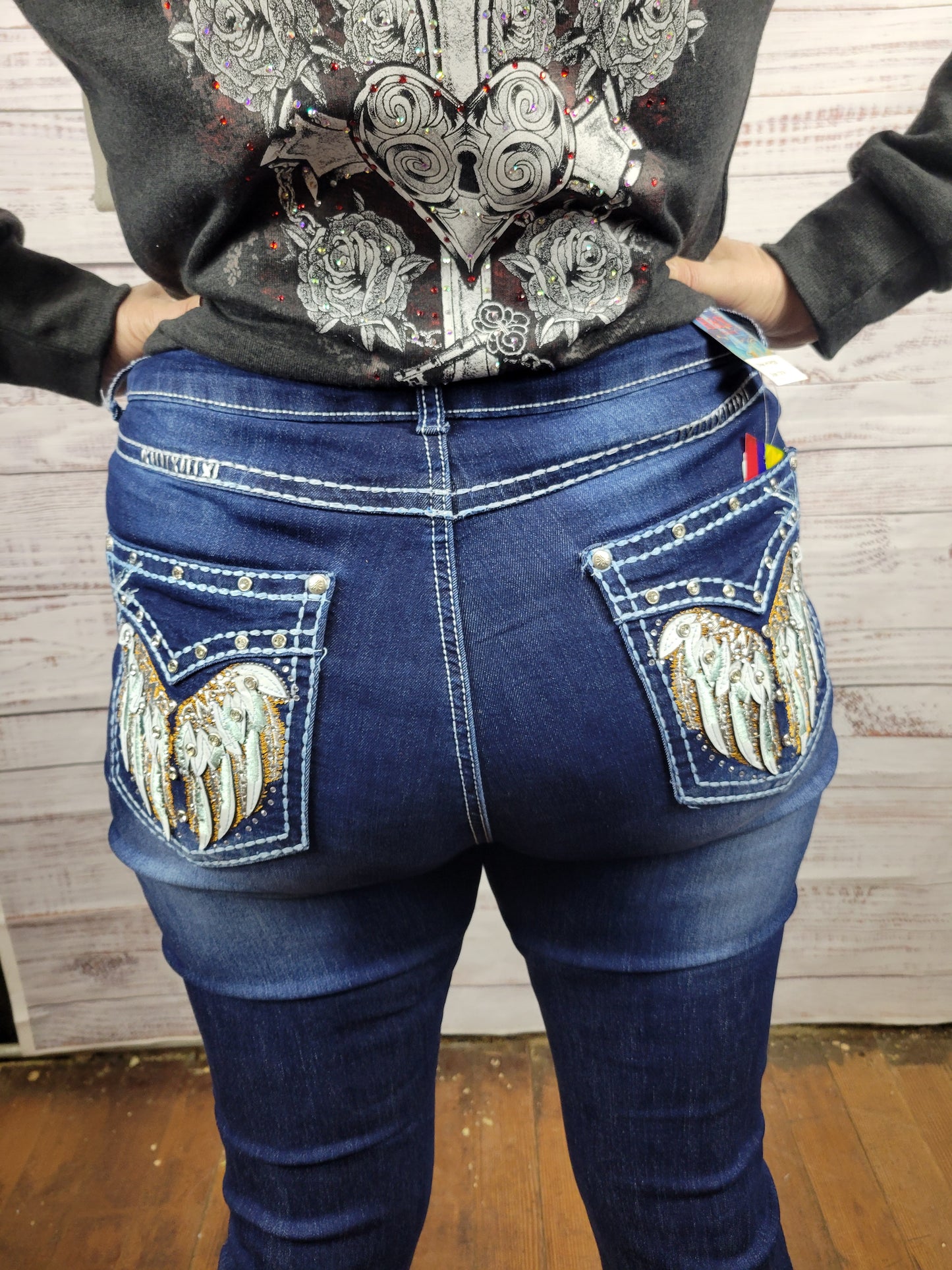 H Y Jeans With Feathers Embellished Back Pocket
