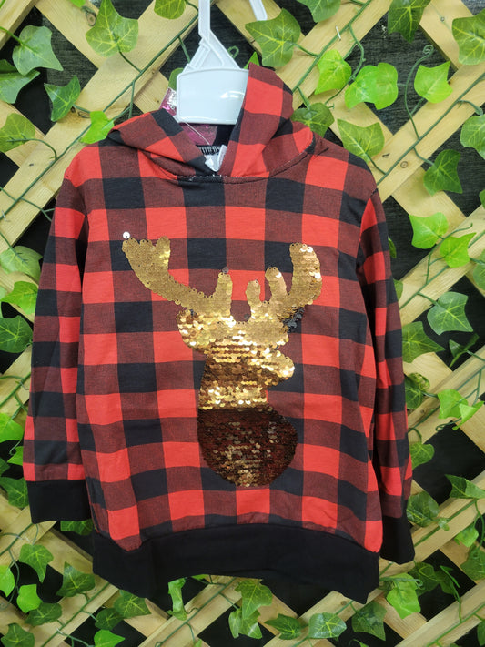 Children Buffalo Plaid Sequin Reindeer Hooded Pullover