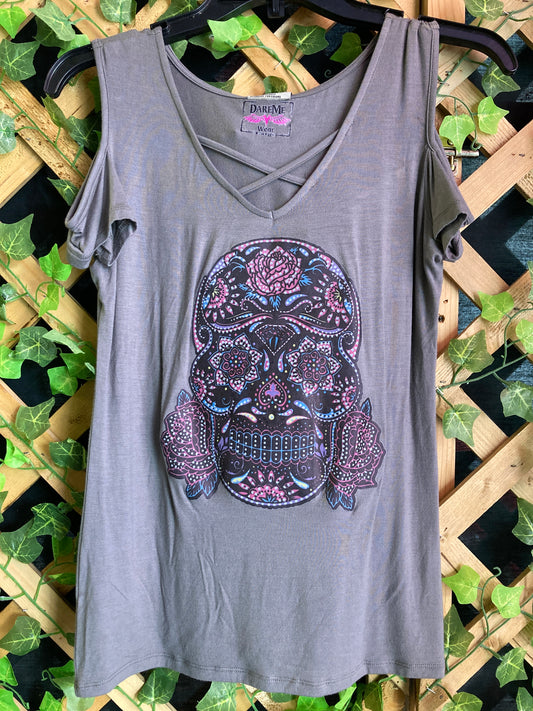 Dare Me Wear Skull Cold Shoulder Top