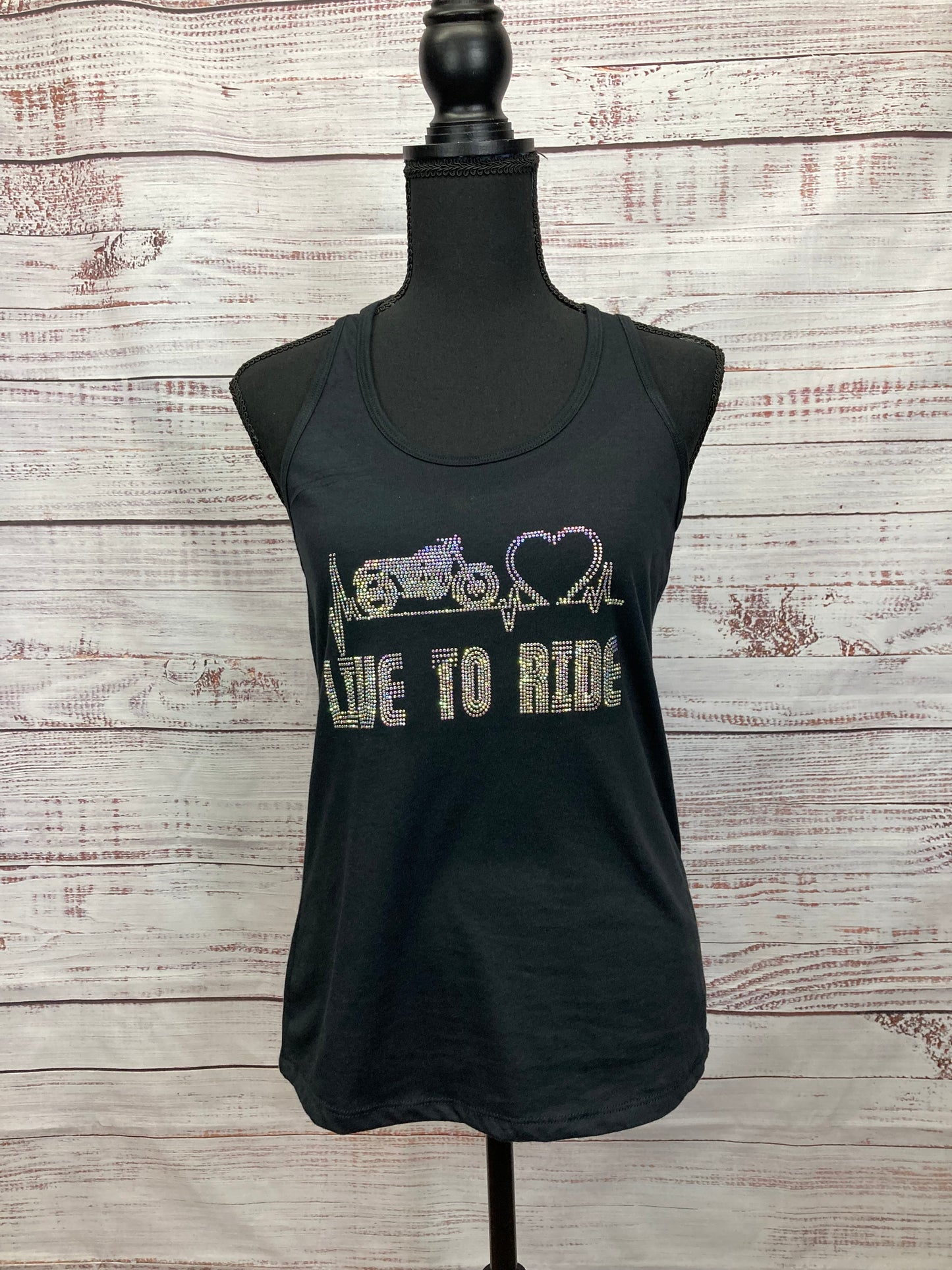 "LIVE TO RIDE" Rhinestone Graphic Tank Top